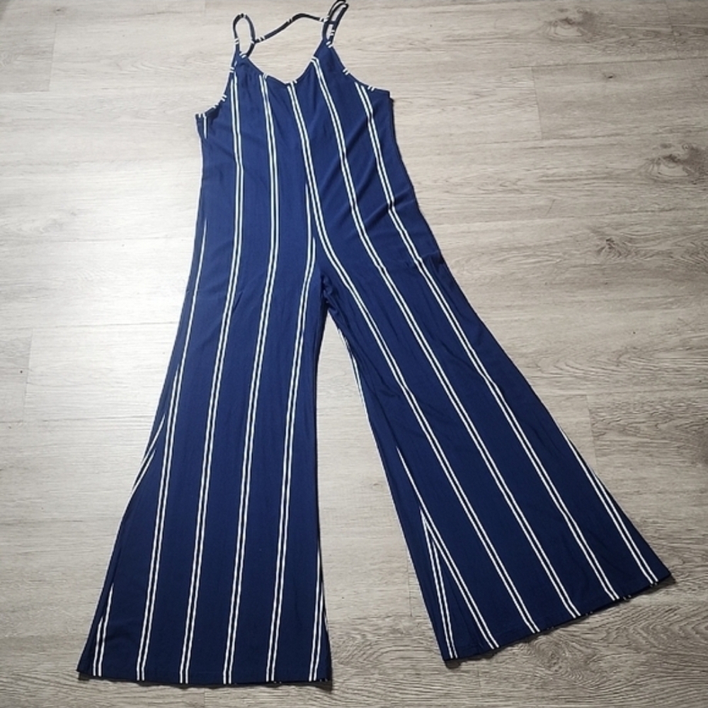 Olivaceous Navy and White Striped Wide-Leg Jumpsuit NWOT